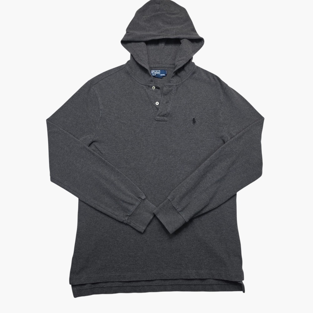 Polo Ralph Lauren Mens Gray Long Sleeve Hooded Polo Shirt Size L Pique Cotton